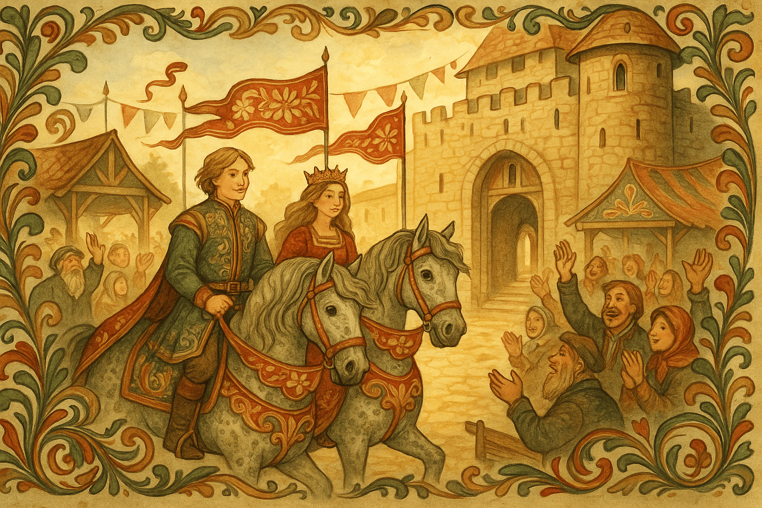 Brudeparet rir inn i gårdsplassen på to like borkete hester under sollys, omgitt av jubel og bryllupsflagg.