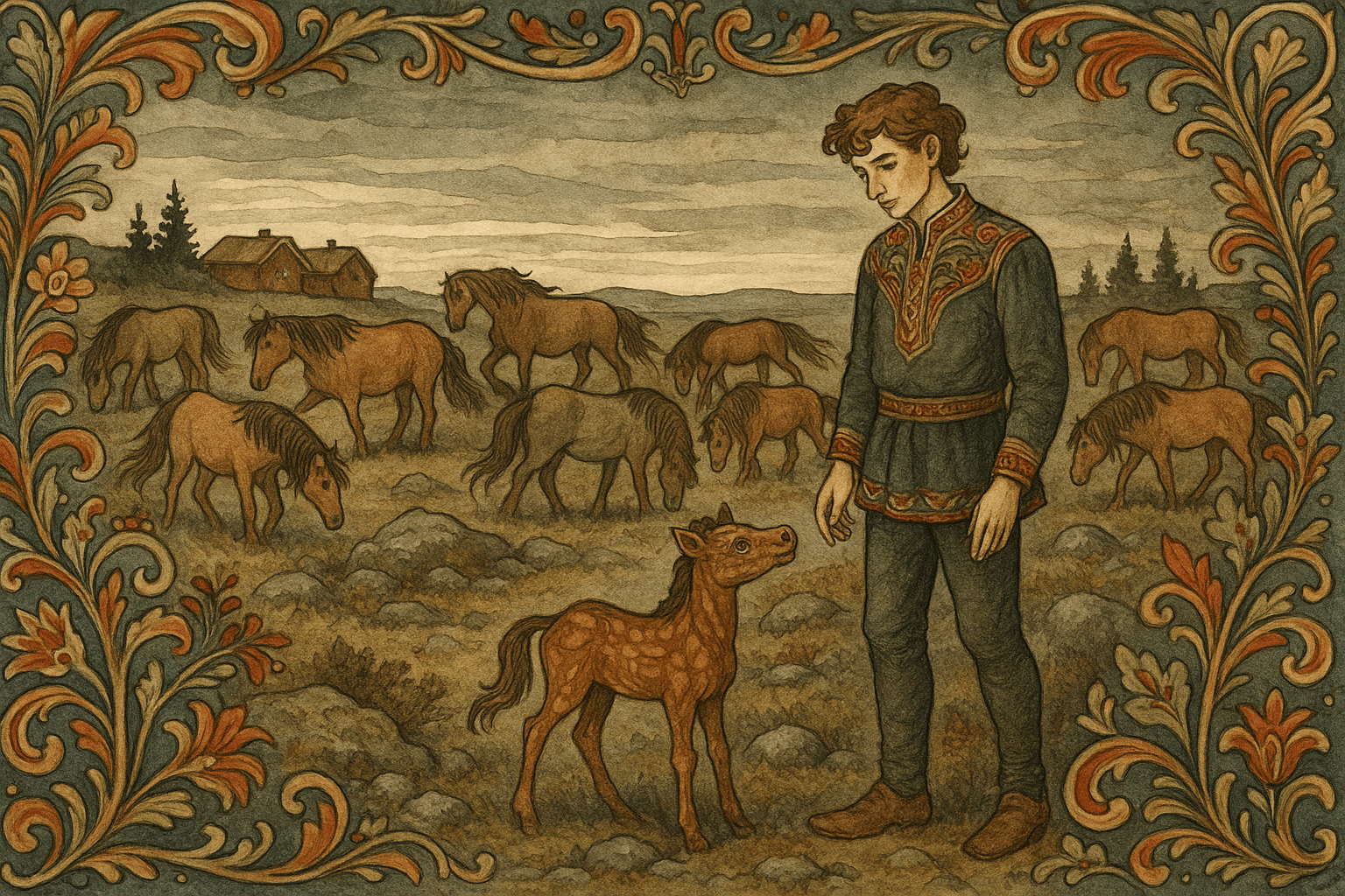 En ung mann står på heia blant tolv hopper, og ved føttene hans ligger en blank, borket folunge som skinner i skumringen.