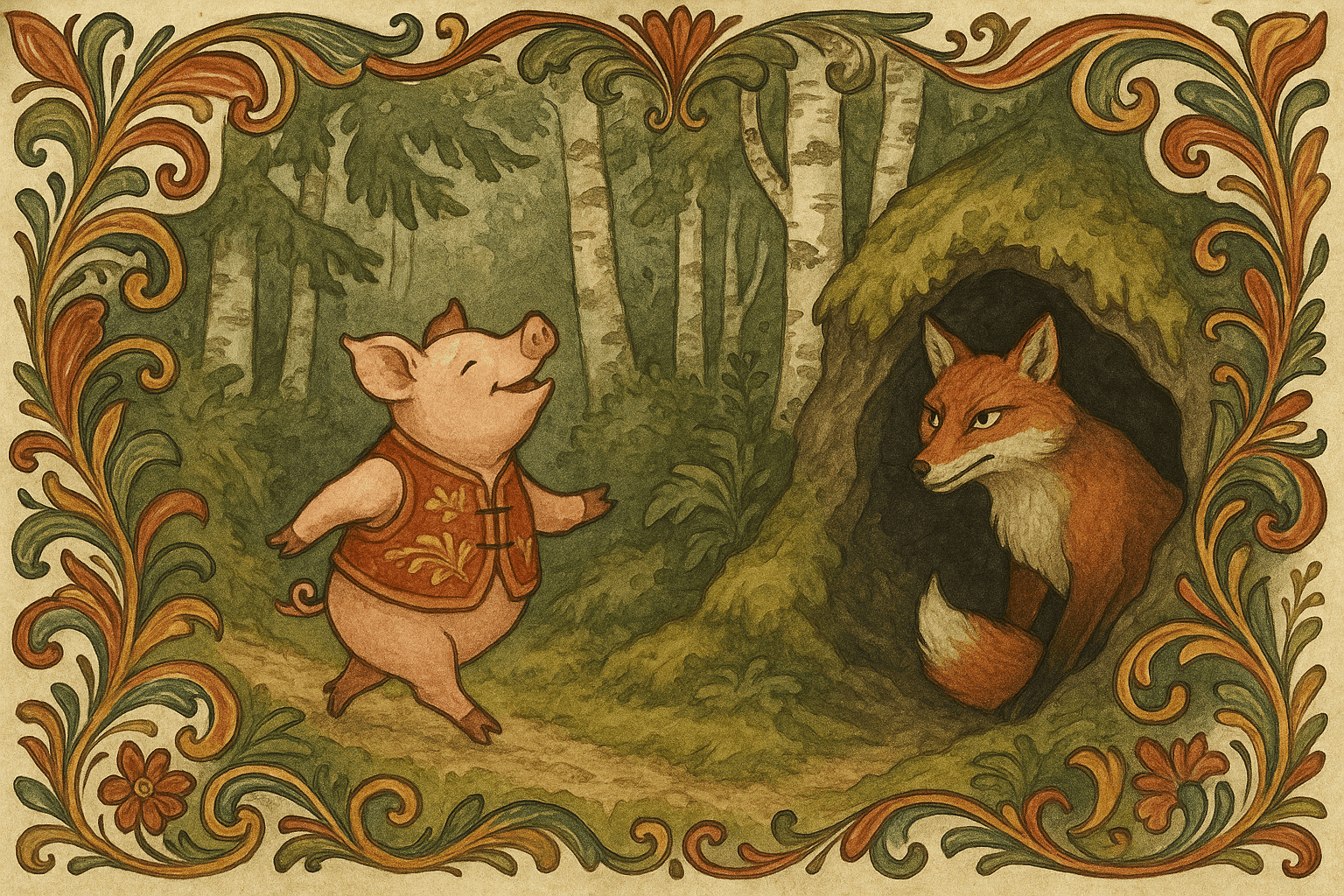 Grisen går hjem langs en smal vei mellom skograbber og synger om hvete og erter, mens reven lytter skjult i et holt og smiler listig. Stemningen er lystig fra grisen og truende fra reven i kulissene.