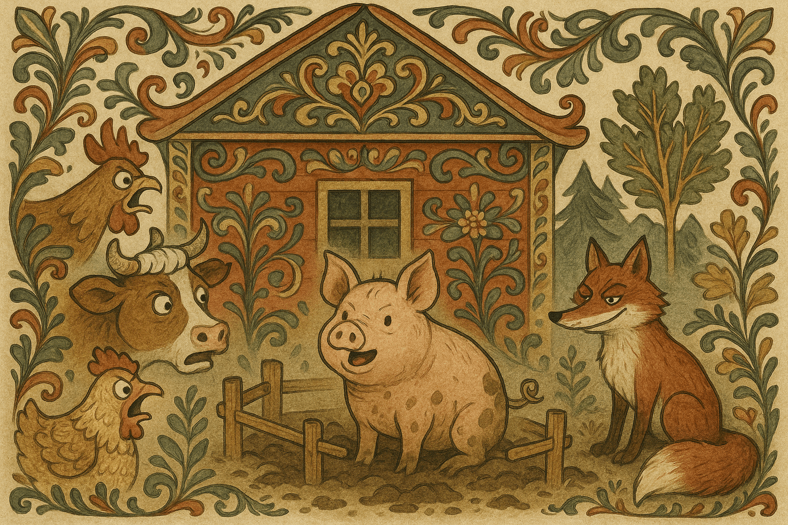 Grisen kommer hjem til en gjørmete bås og svarer forvirret med revenes refreng om skuler og rask og ligge i boss. Reven står i bakgrunnen og ser fornøyd ut mens de andre dyrene ser overrasket og bekymret på.