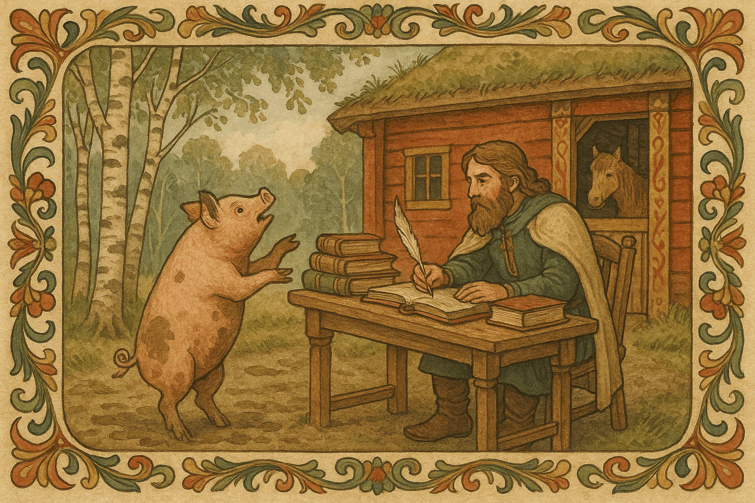 En gris som klager foran en skriver ved et trebord utenfor et rødmalt hus med torvtak. I bakgrunnen står hest og ku tørt i hver sin bås, mens grisen ser sliten og våt ut.