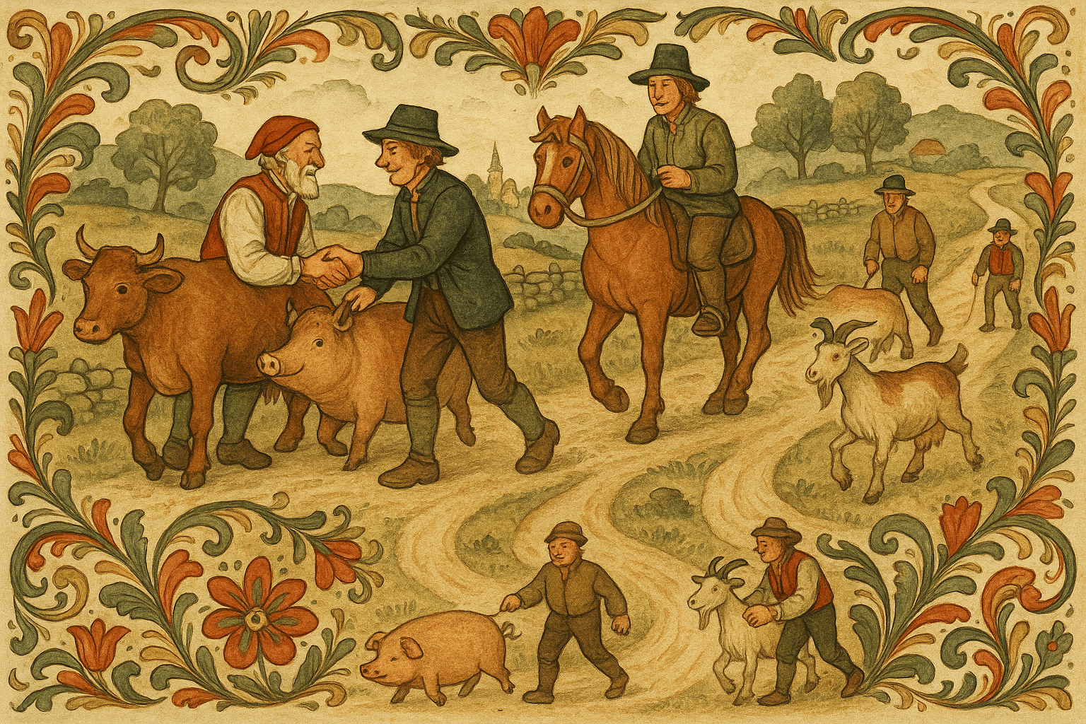 Gudbrand går langs en bygdevei og bytter kua bort for hest, så gris og geit i en serie byttehandler med flere bønder.