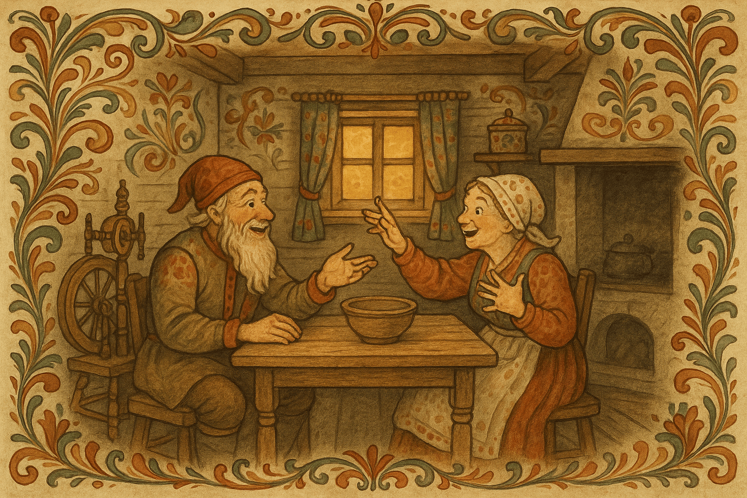 Inne i kjøkkenet forteller Gudbrand om byttene, og kona jubler og nikker mens hun ber om at dyrene slippes inn.