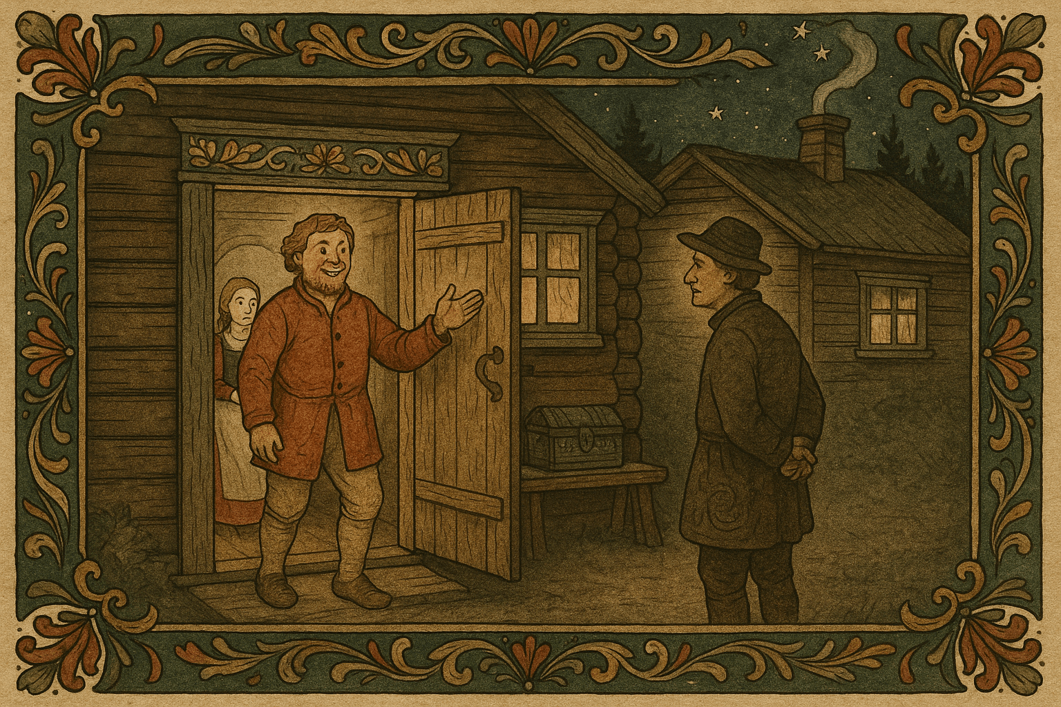 Gudbrand åpner døren mot en nabo i mørket; kona smiler bak ham og en kiste med penger ses i huset.