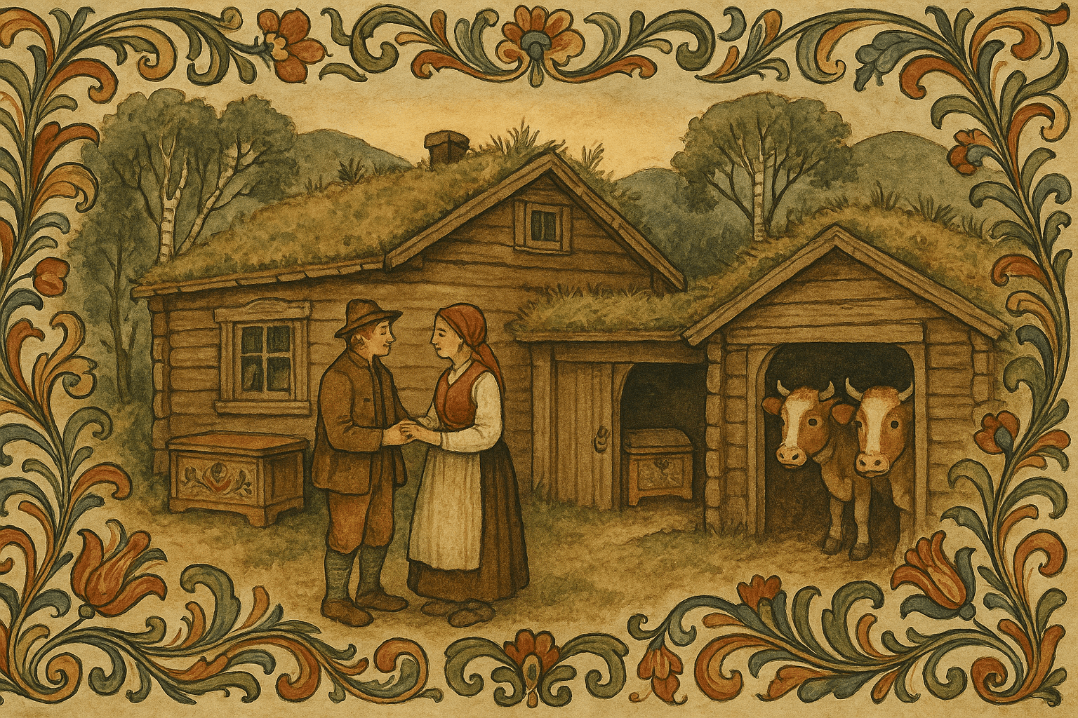 Et lite gårdstun på en åsli ved solnedgang, Gudbrand står utenfor fjøset med kona ved døren og en kiste med penger inne i huset.