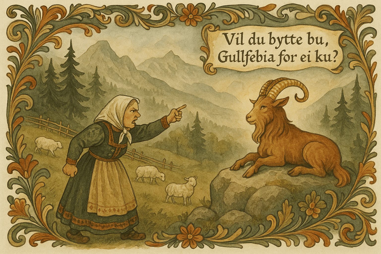 Solheimskjerringa roper mot en fremmed geit med forgylte horn på setervollen, mens fjellet klinger av sang.