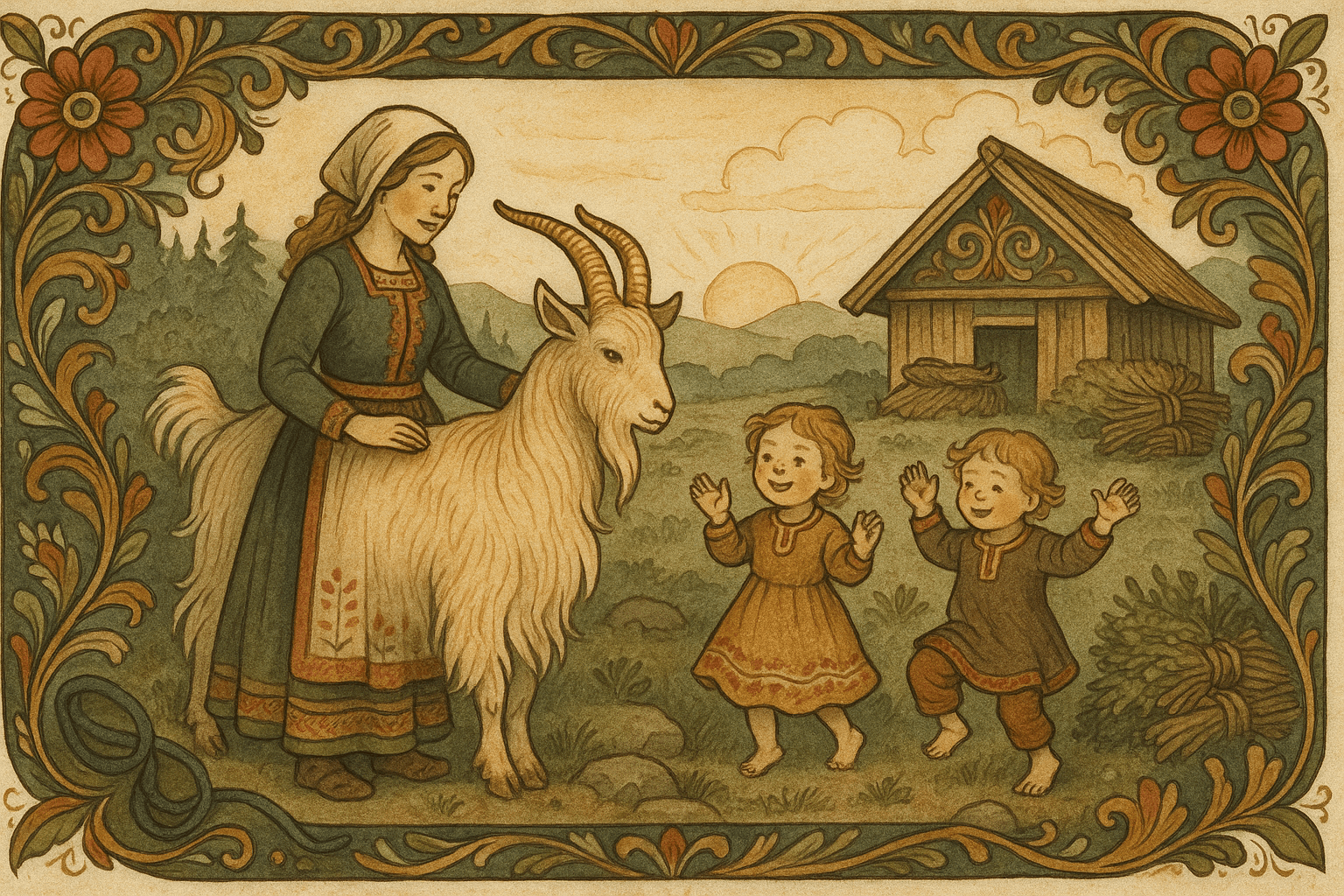 Ragnhild ved steinen med Gullfebla om morgenen; barna jubler, og kuens bånd ligger igjen på bakken.