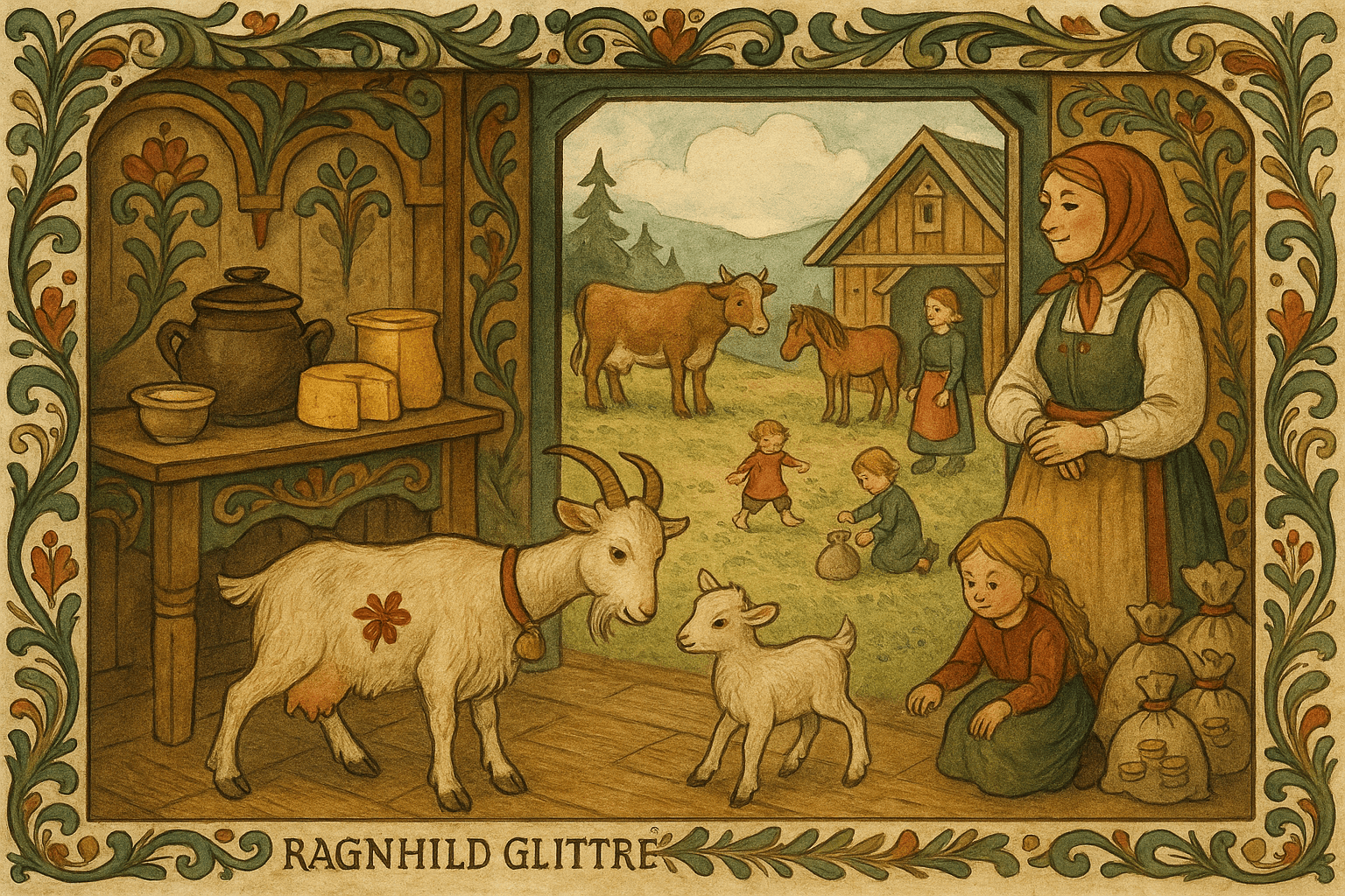 Gullfebla med kje i stua; Ragnhilds familie har nå ku og hest og varer klare til salg, og barna leker.