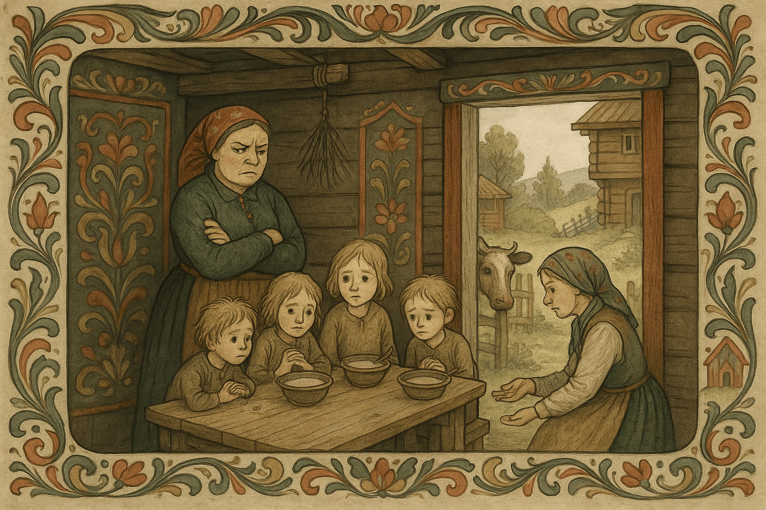 Barna fra Solheim mottar smuler fra Ragnhild utenfor et mørkt gårdshus; en tynn ku står i båsen og et bjerkeris henger under takbjelken.