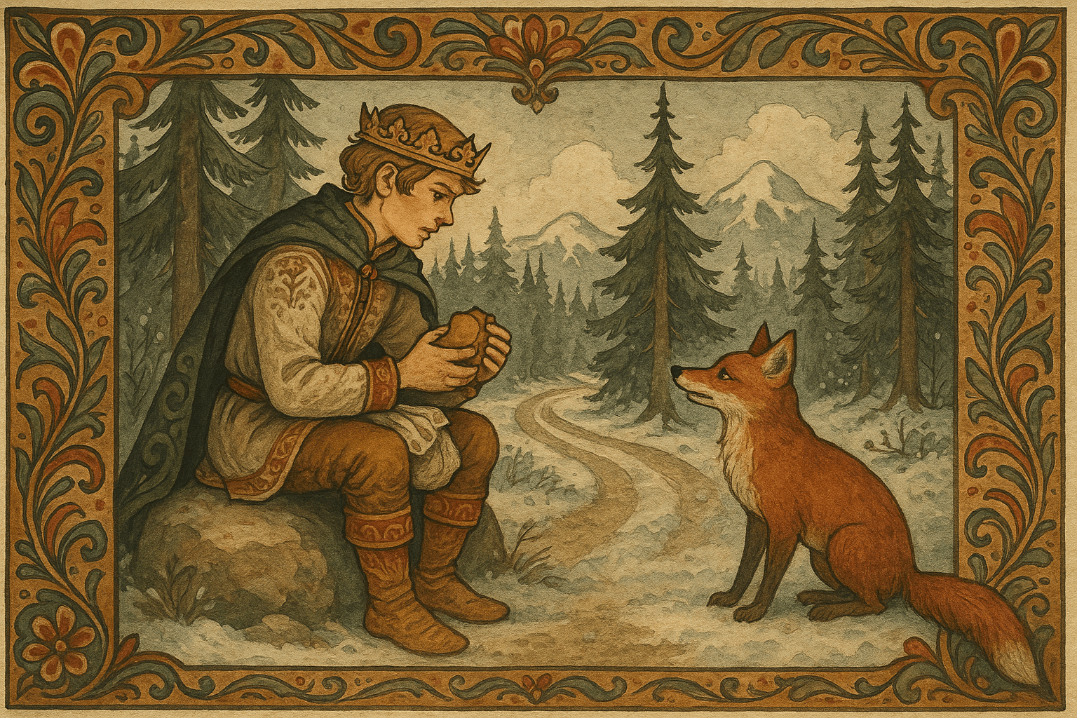 Den eldste prinsen sitter ved veien og spiser mens en rev kommer ut av granholtet og ber om mat.