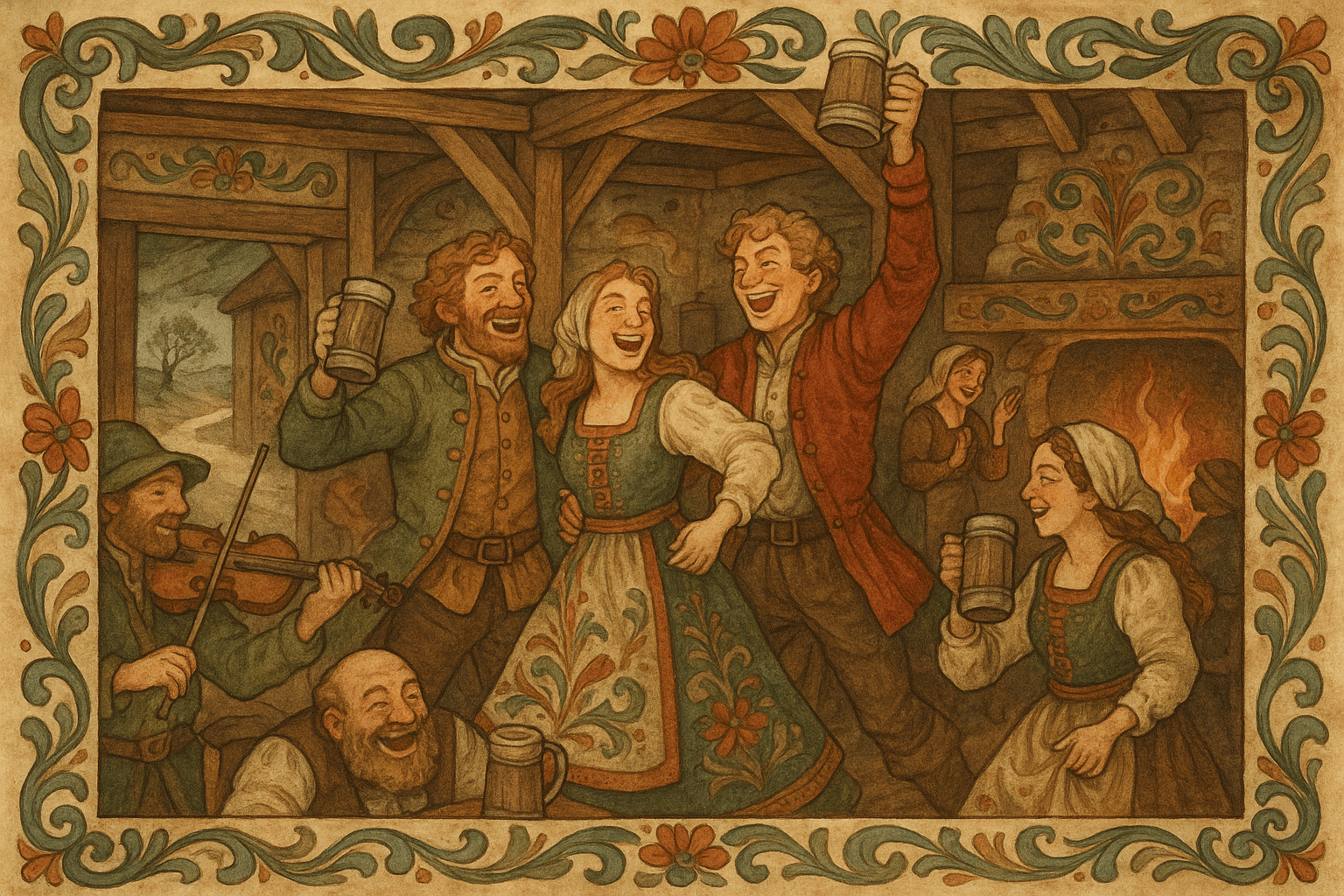 To eldre prinser danser og drikker i et lyst og varmt vertshus, fullstendig oppslukt av lystigheten.