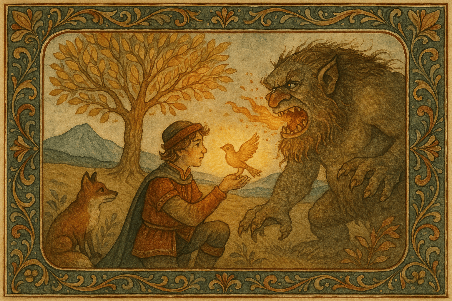 Den yngste prinsen holder gullfuglen ved den gullforgylte linden idet et trolldyr kommer frem og brøler.