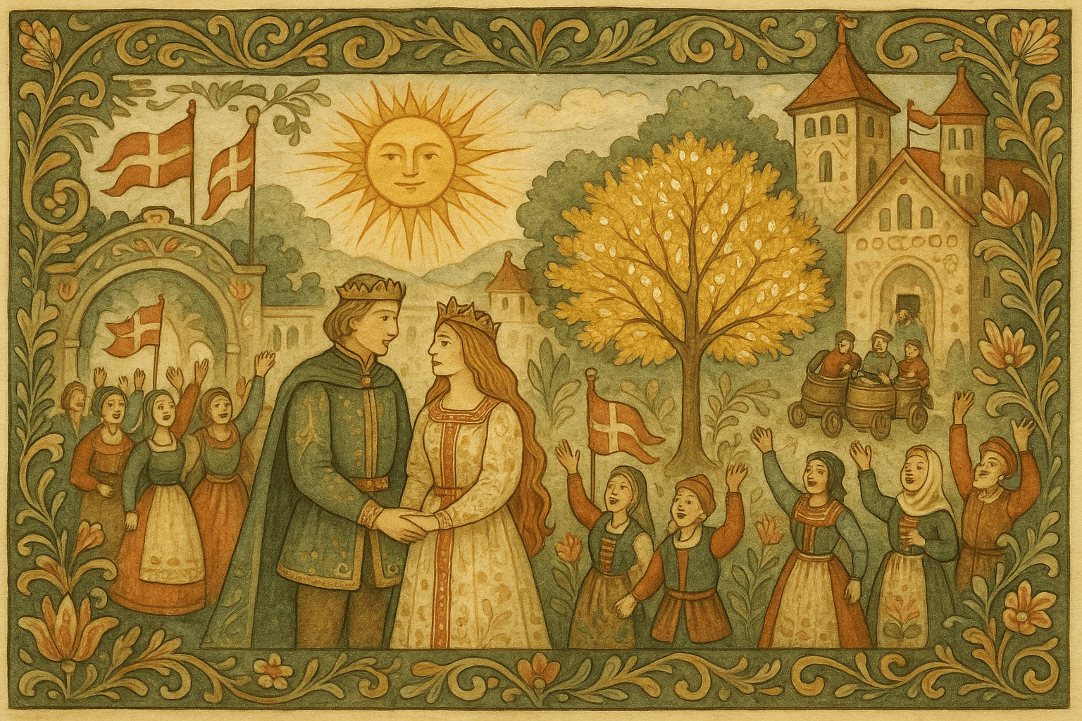 Bryllup i hagen med den forvandlete reven som prins ved siden av kongsdatteren, og linden som blomstrer i bakgrunnen.