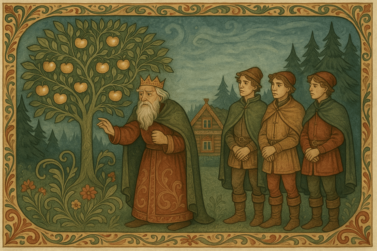 Kongen står ved epletreet med ett manglende gulleple, og de tre prinsene står ved hans side i kongsgårdens hage.