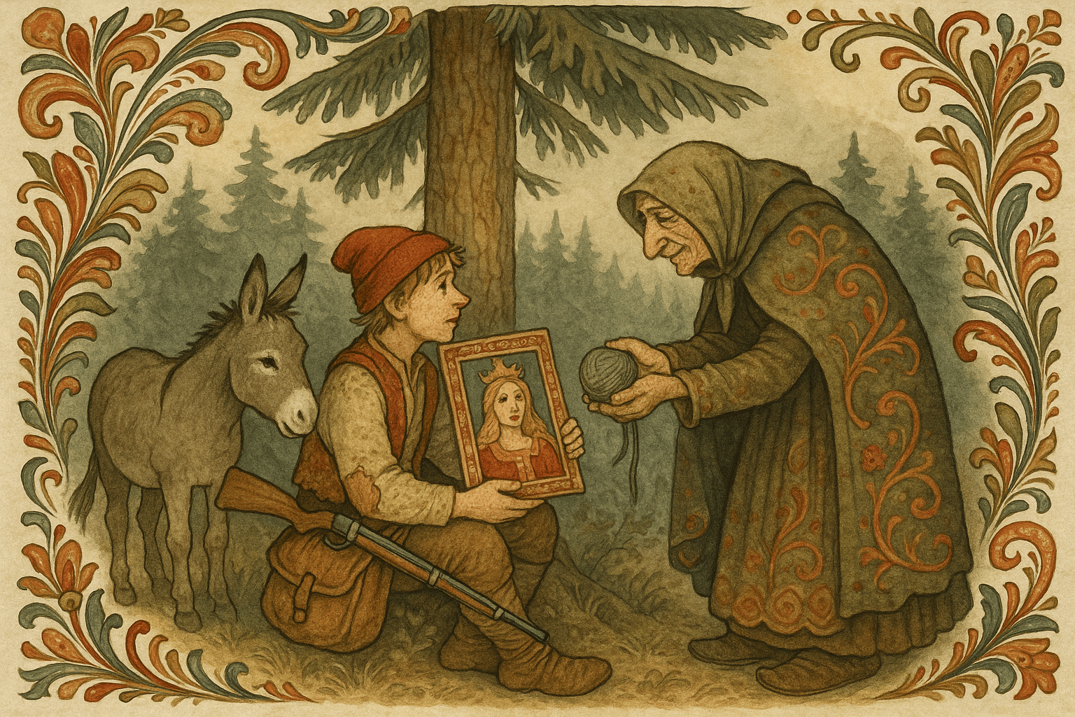 Askeladden sitter under en furu med skilderiet i fanget mens en gammel kjerring gir ham et grått ullnøste; et lite grått esel står ved siden av.