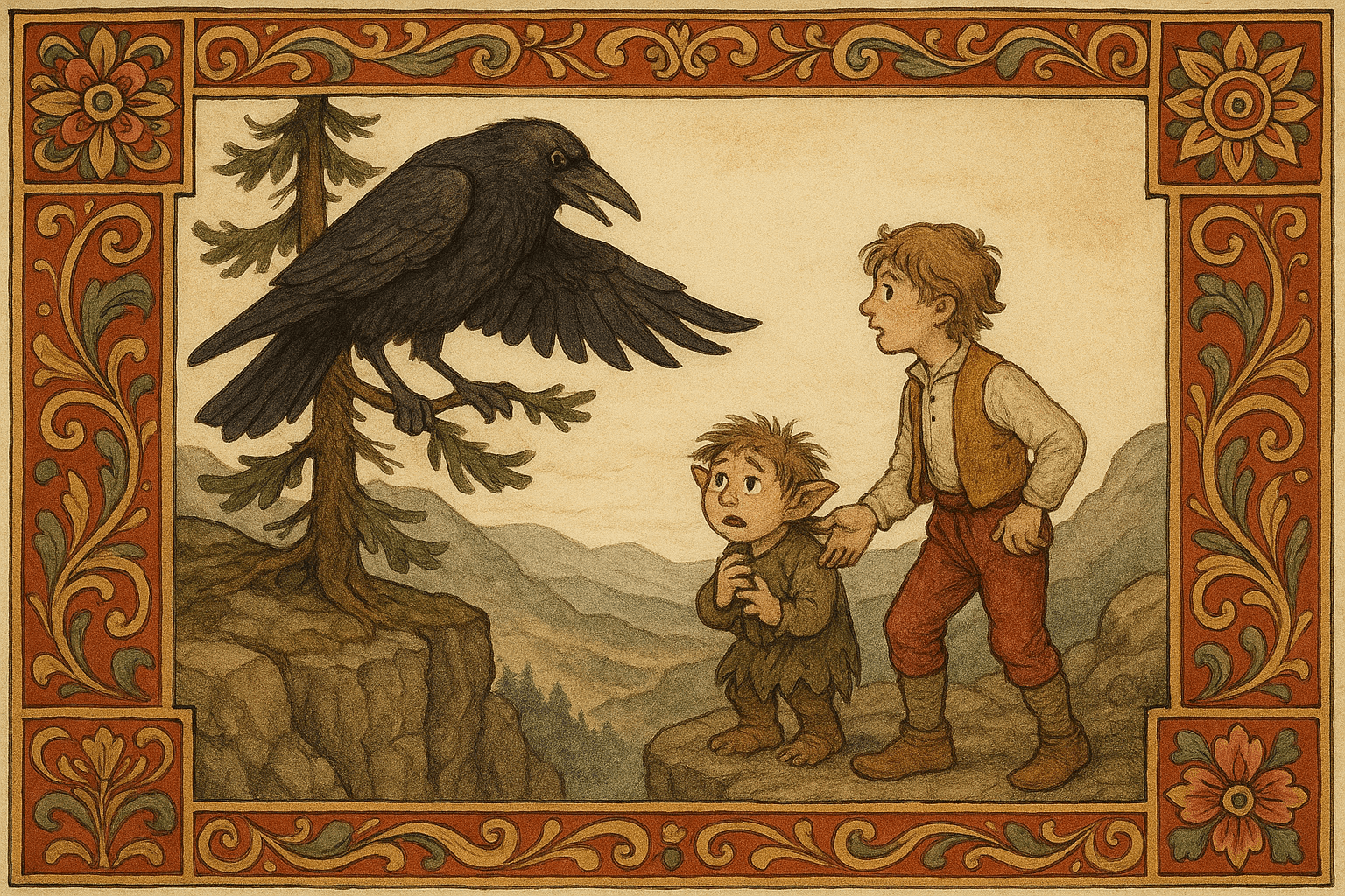 En korp sitter i en furu på en bergtopp mens Askeladden snakker med en bortkommen trollunge; korpen peker vei.