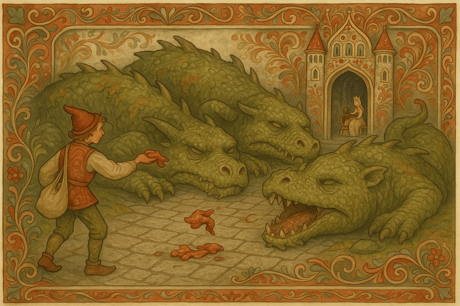 Tre mosedekte drager ligger foran et sølvslott mens Askeladden mater den minste med okseskrotter for å vekke den.
