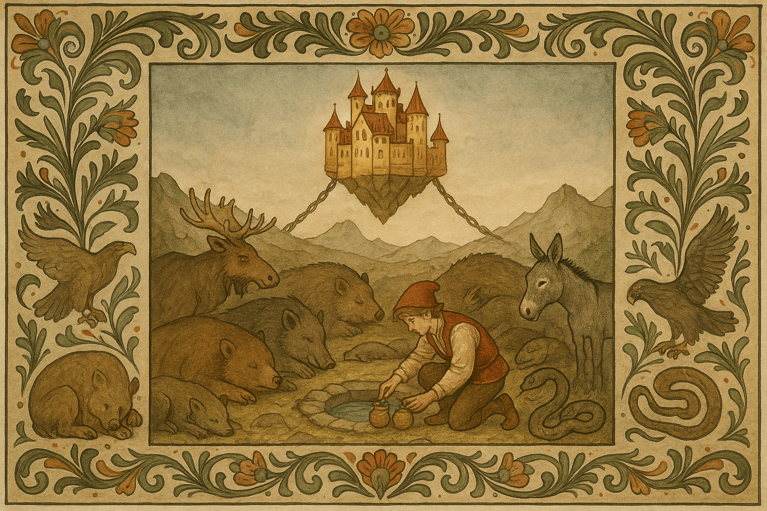 Et gullslott henger i luften bundet til nakne tinder mens Askeladden fyller to krukker med vann ved porten, omgitt av sovende ville dyr.