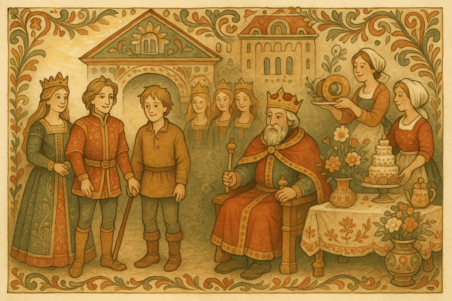 I kongsgården hugger Askeladden av eselets hode og eselet forvandles til en vakker prinse; bryllupsfeiring følger.