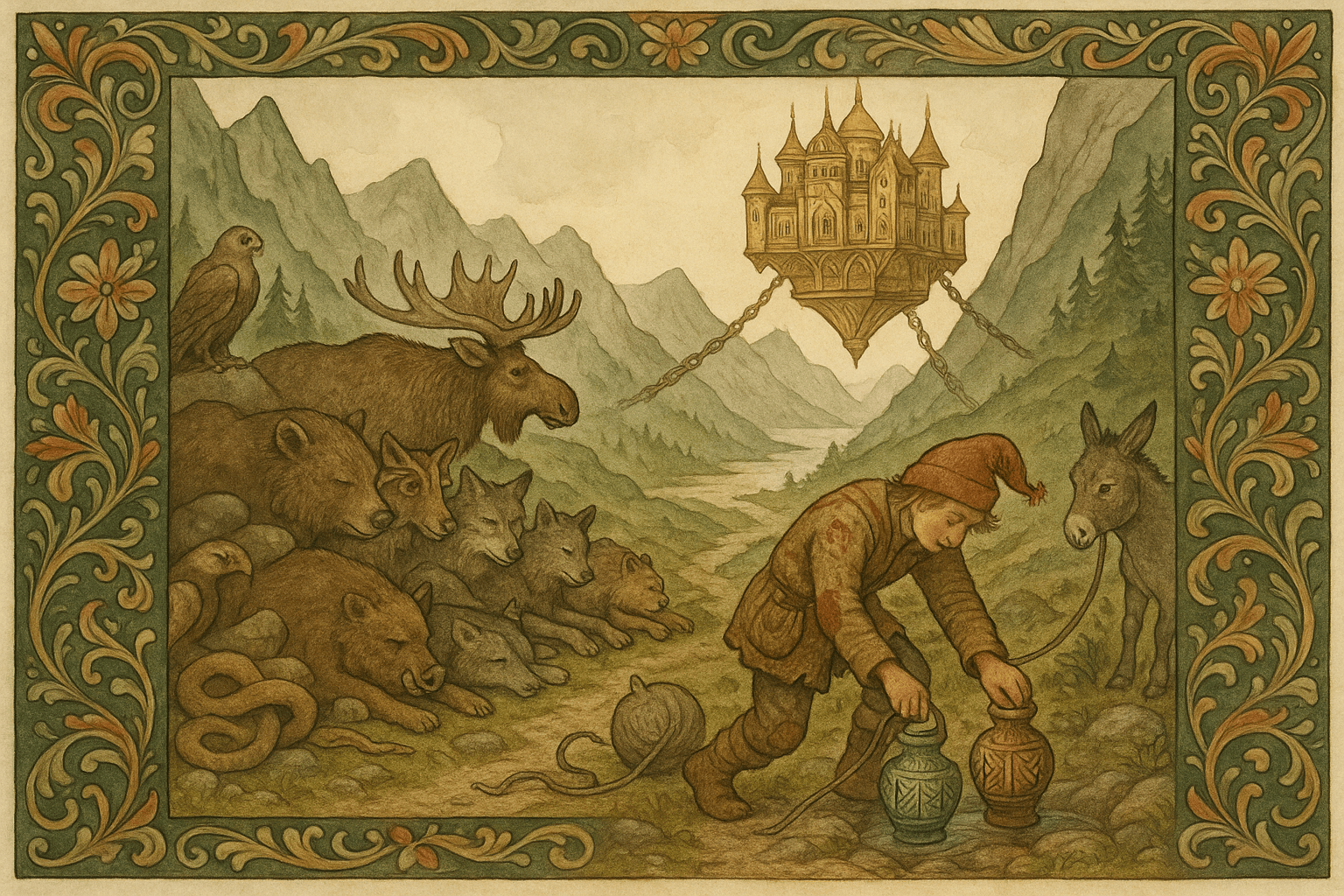 Under strålende høydagslys står et svinnende fjellpass og åpner seg mot et enormt gullslott som henger i luften, festet med lenker til nakne tinder, mens en tett rekke sovende ville dyr — bjørn, elg med lange gevir, ulv, gaupe, villsvin, ørn med brettet vingespenn og en slange som surret seg rundt steiner — ligger som en voktergjerde langs veien; Askeladden i lappet ullkjortel og rød strikkelue triller det grå ullnøstet foran seg og holder det lille grå eselet i kort snor ved siden av, med lav og reinmose under føttene og furuskog og fjordtåke i bakgrunnen