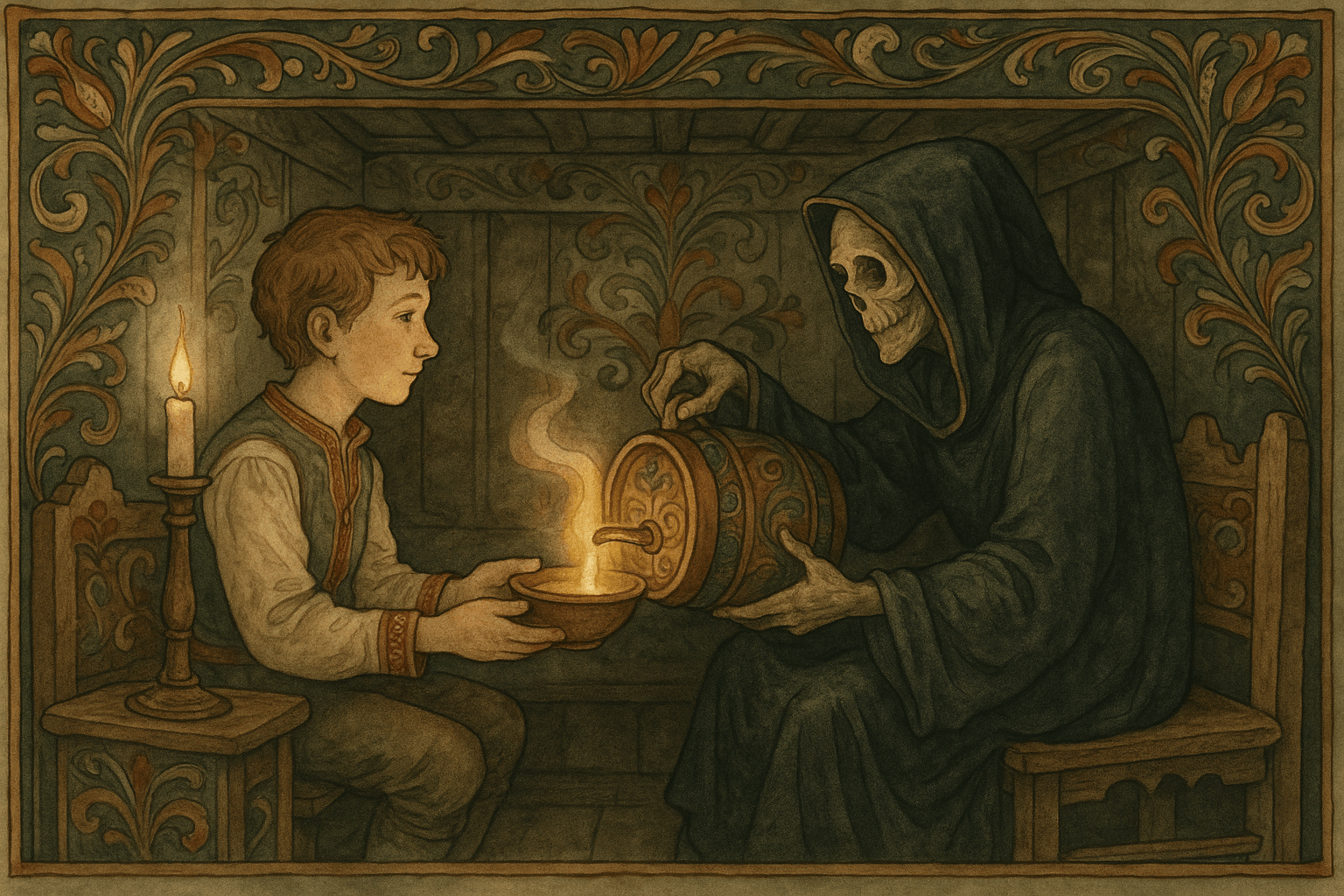 Gutten drikker sammen med Døden i et mørkt hus, den magiske kaggen gir et svakt helende skjær, og Døden gir ham en gave og advarsel.