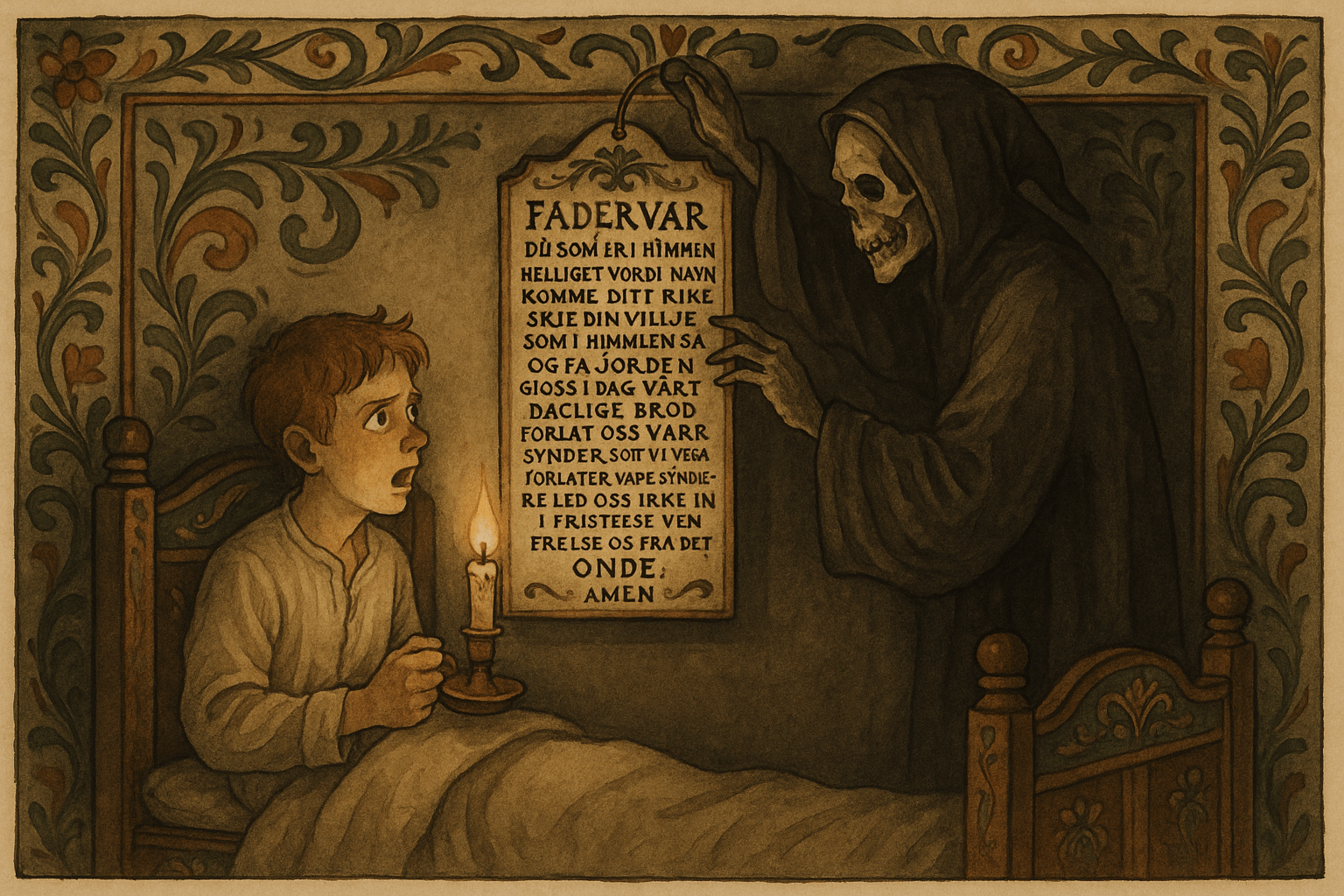Om natten henger Døden opp en tavle med Fadervår over guttenes seng; gutten leser fra tavlen med lys i hånden, fortvilet og for sen.