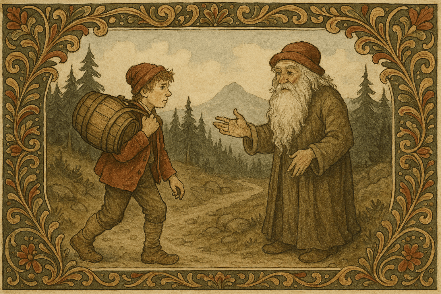 En gutt med en tung øldunk går langs en nordnorsk vei og møter en gammel, skjeggete mann som sier han er Vårherre; gutten avviser ham.