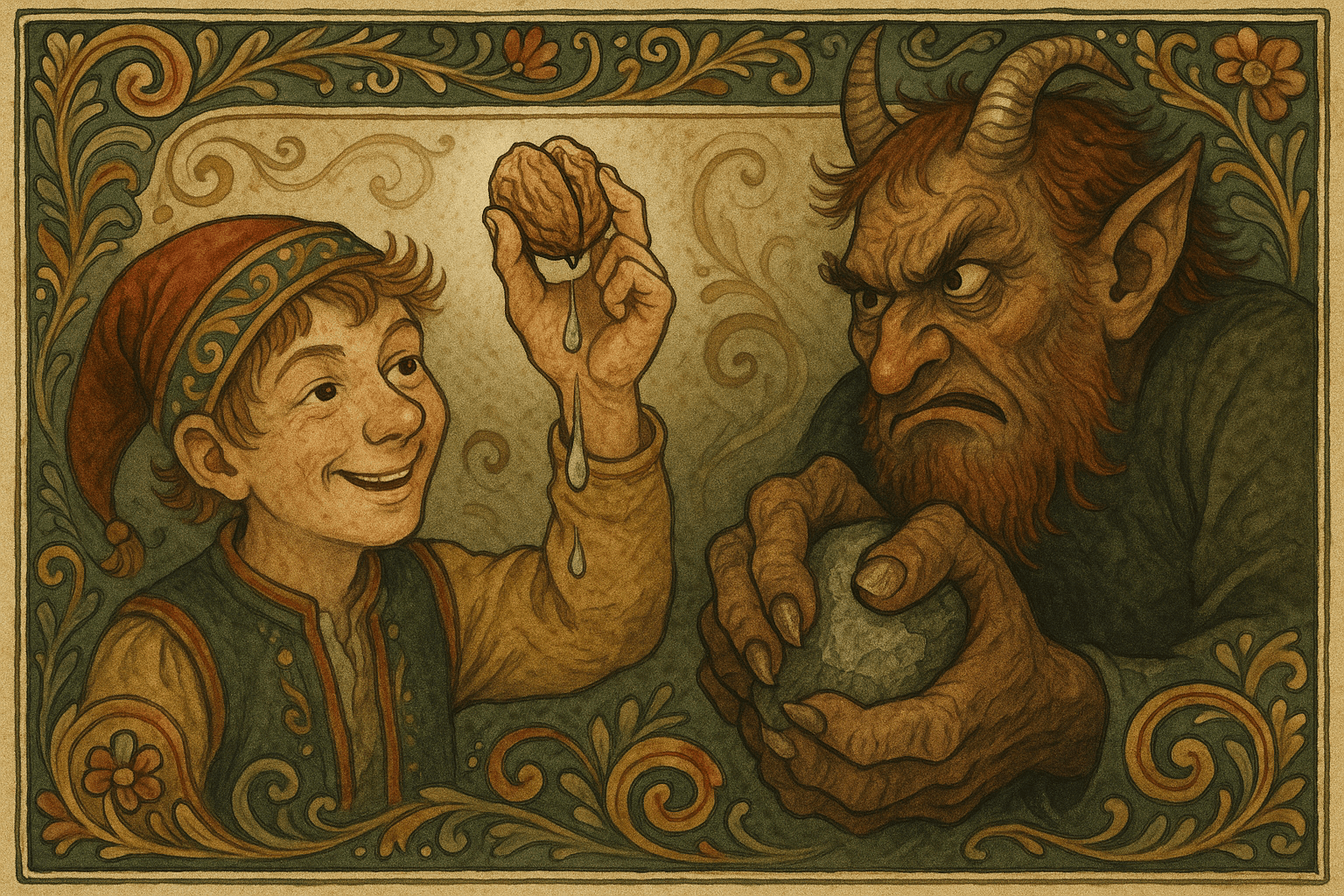 Gutten klemmer en nøtt slik at vann drypper, mens fanden forsøker å klemme en stein uten resultat.