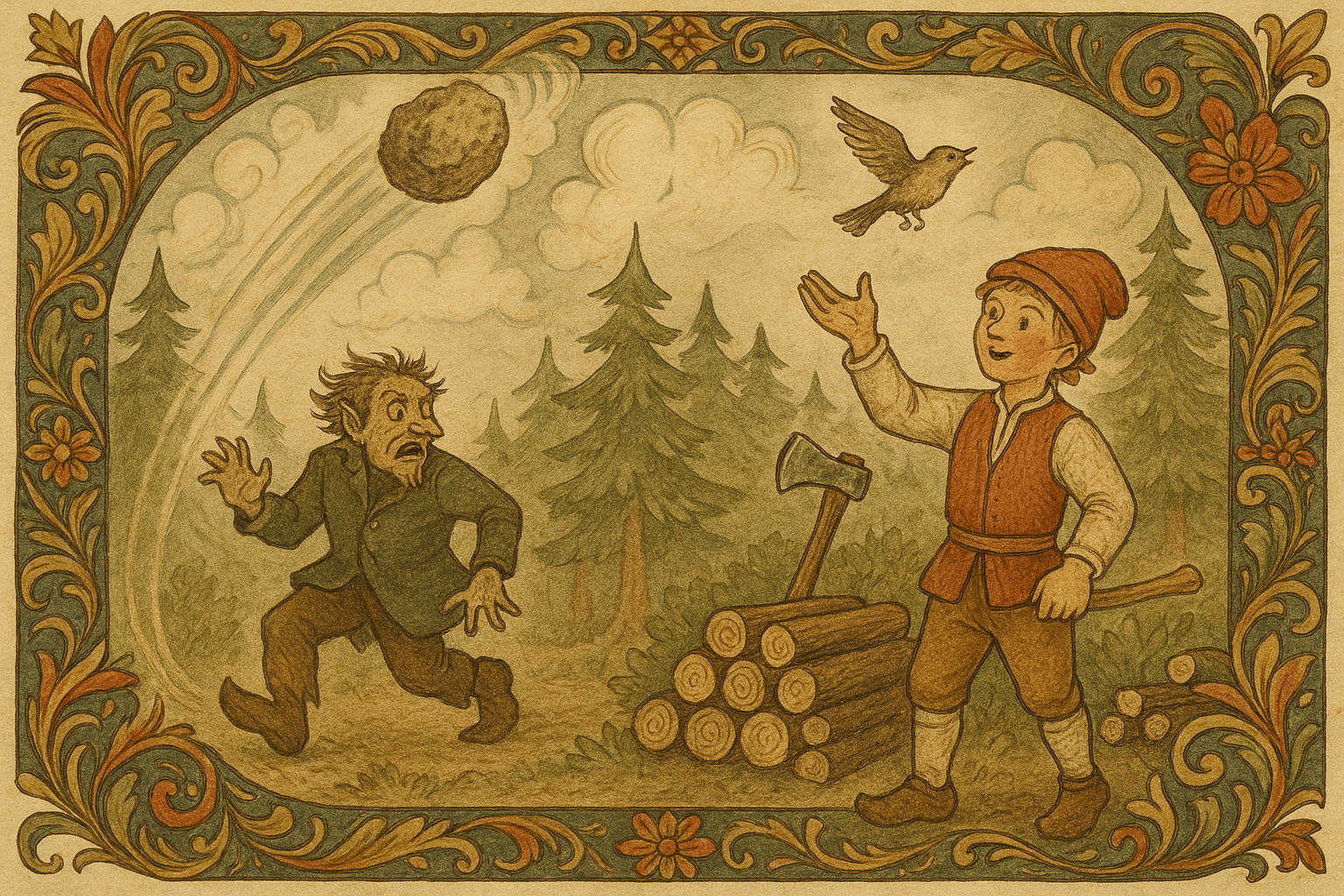 Fanden kaster en stor stein, gutten kaster en liten fugl som flyr av sted, og fanden løper bort mens gutten står ved vedstabelen.