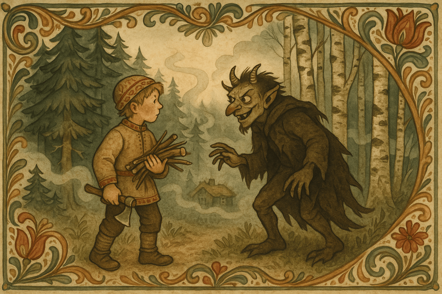 En gutt med øks møter fanden ved skogkanten om morgenen, med tett furuskog og et torvtak i bakgrunnen.