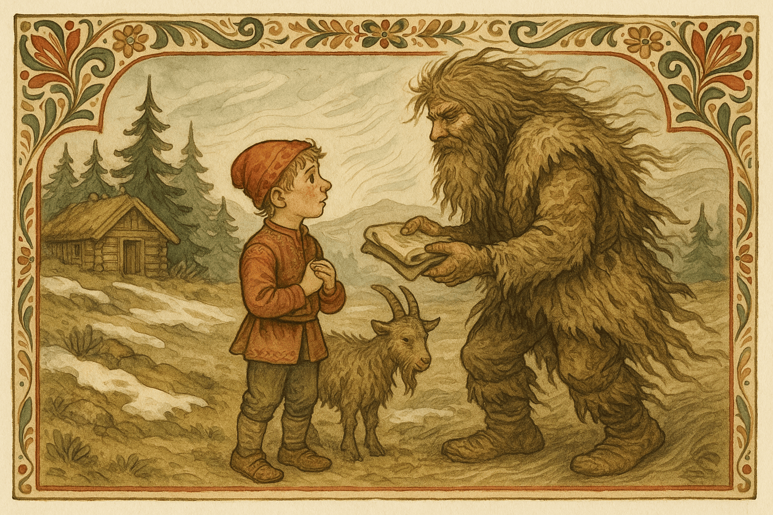 Gutten står foran nordenvinden som rekker ham en duk og en bukk i en snøflekket, vindfull skogsglenn.