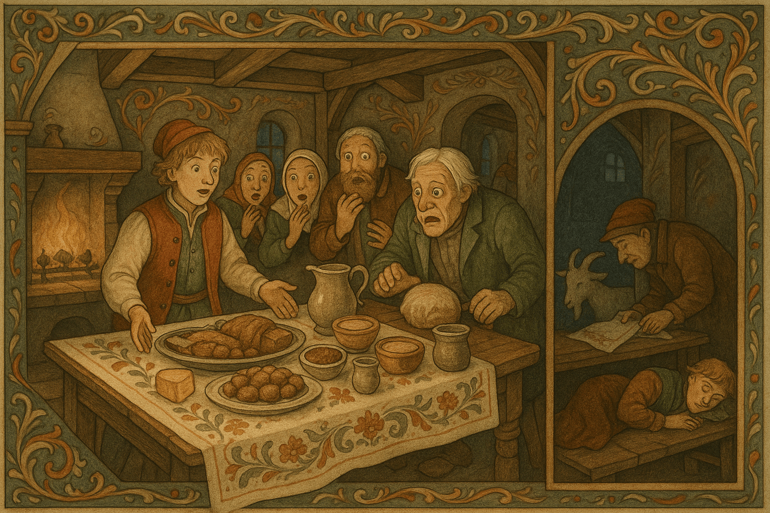 I kroen dekker duken et overdådig bord, men om natten bytter gjestgiveren ut duken og bukken mens gutten later som han sover.