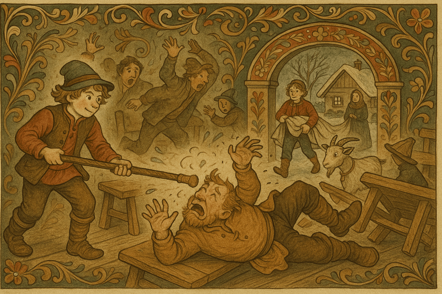 Gutten får kjeppen til å slå på gjestgiveren, tar duken og bukken tilbake og går hjem til sin mor som venter ved huset.