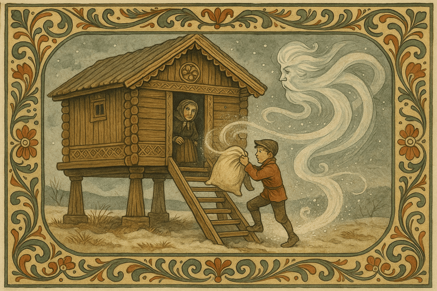 En gutt på stabburstrappen får melet blåst ut av hendene av nordenvinden mens mor står i døra og ser forskrekket på.