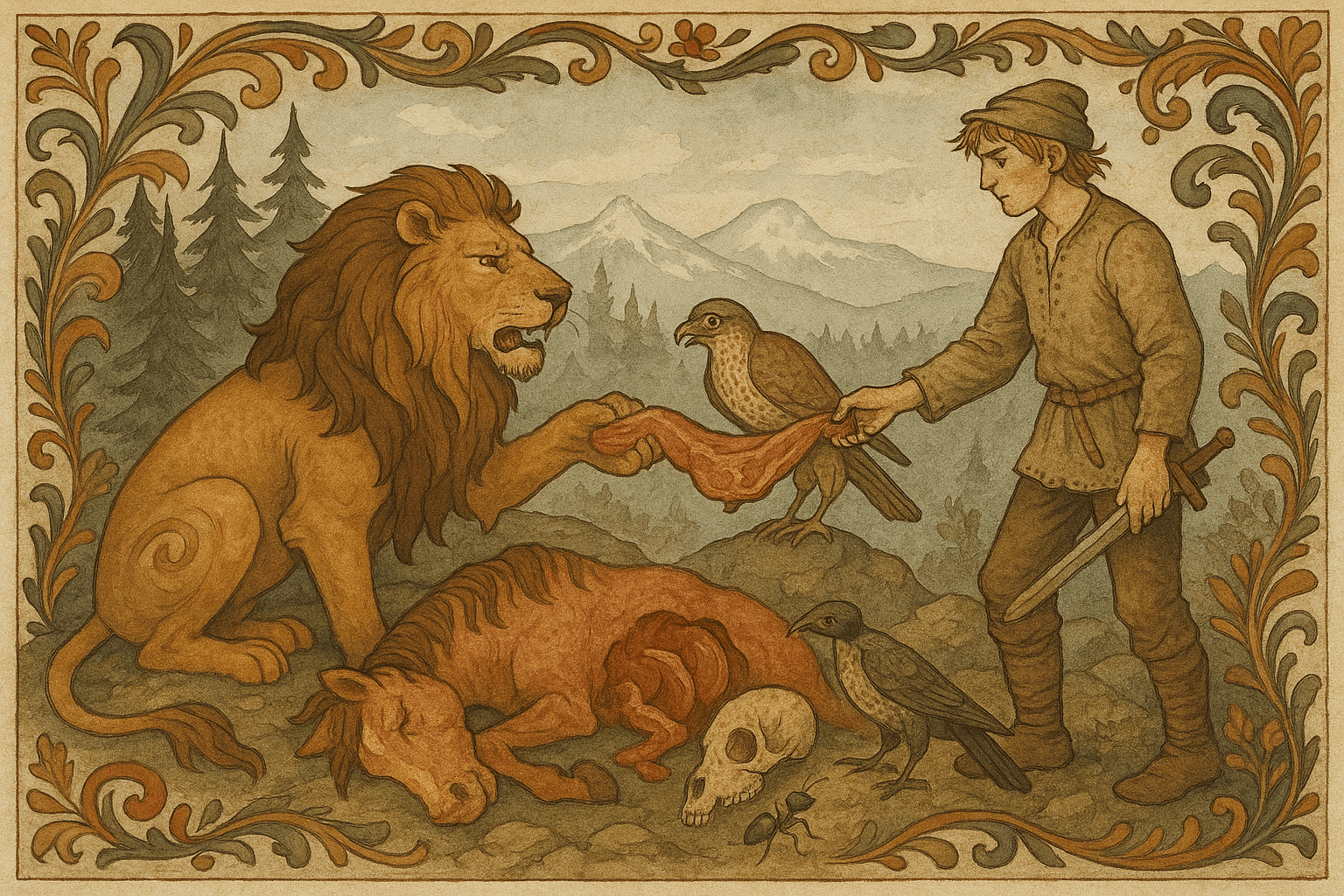 En fattig gutt i strieklær og med sverd ved en død hest mens en løve, en falk og en maur krangler om delene; gutten deler rettferdig. Landskapet viser skogkledd ås med fjell i det fjerne.