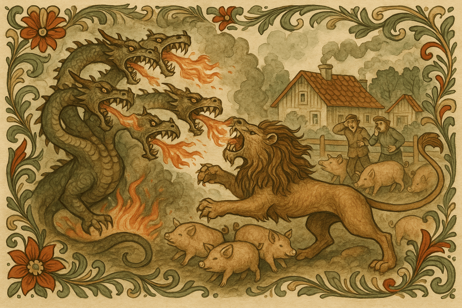 Gutten forvandlet til løve kjemper mot en nihodet drage ved kongsgården; ild og røyk stiger mens ett av dragens hoder blir revet av. Svin og skrekkede tjenere står i bakgrunnen.