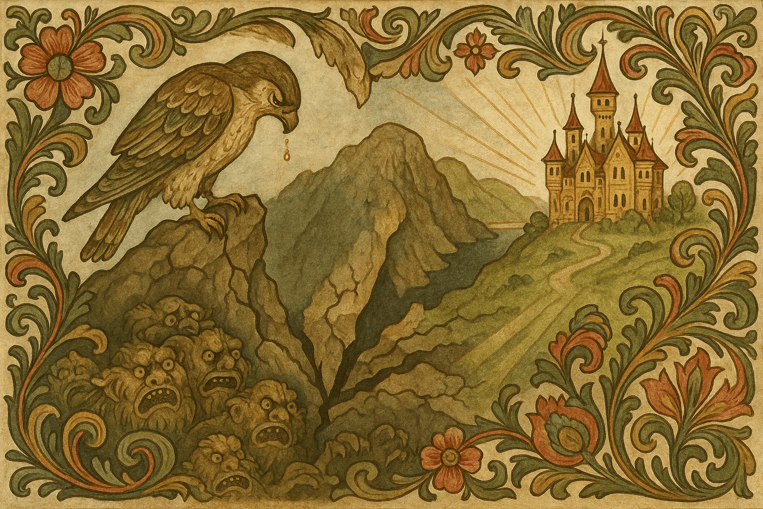 Forvandlet til falk slipper gutten et sandkorn ned i en smal sprekk; haugebasser sprekker og fjellet åpner seg til et forgylt slott og grønne enger. Scenen viser fjord, bratt berg og forvandling.