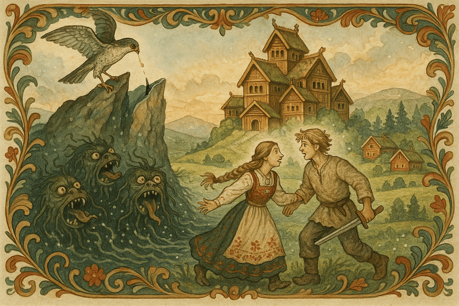 På et taggete brattberg over en mørk fjord i daggry lar gutten, forvandlet til falk, et glinsende sandkorn falle fra nebbet ned i en smal sprekk. Under ham vrir tre digre haugebasser seg med mange sleppende hoder, tangmattede skinn og tunger som svart tang, og begynner å skjelve og sprekke som leire.