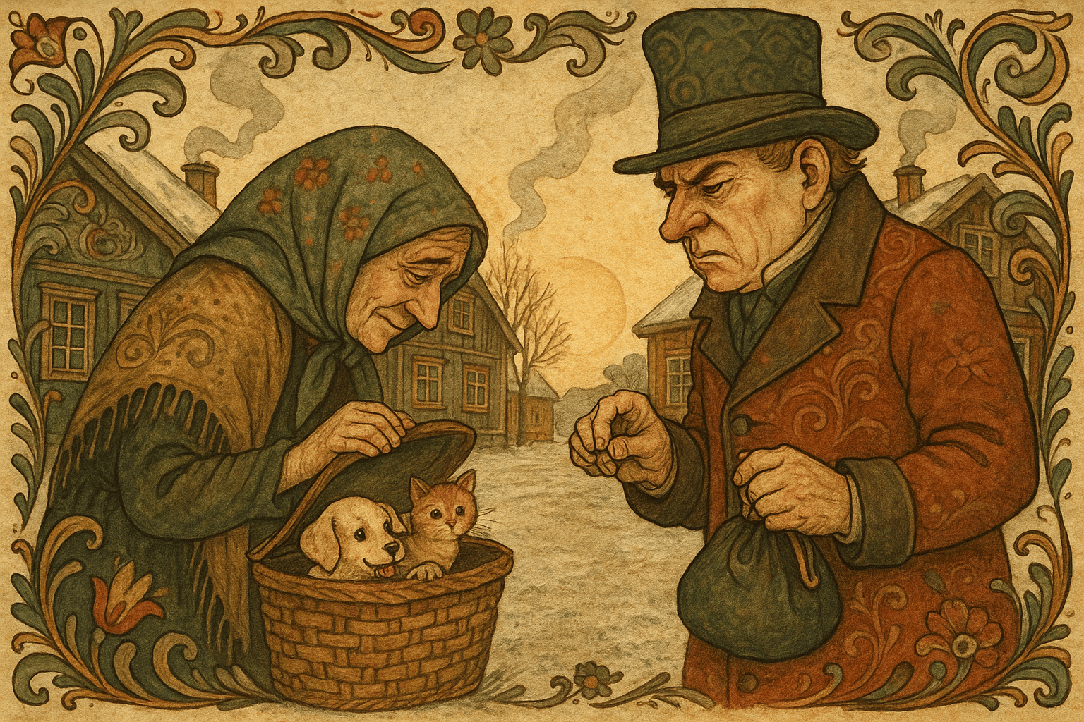 En gjerrig mann teller mynter mens en gammel kjerring viser fram en kurv med en hundehvalp og en kattunge på bygaten i morgengry.
