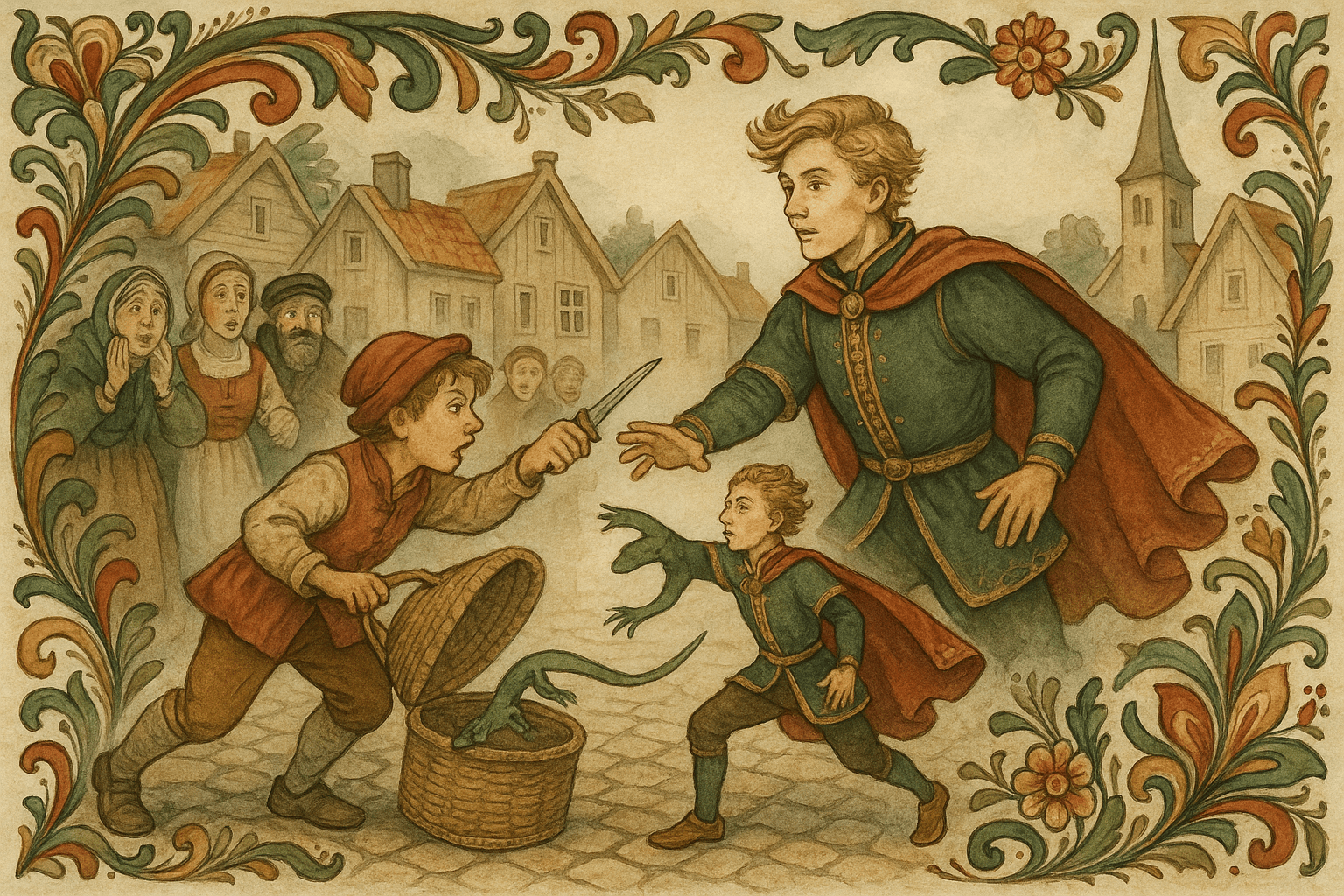 Gutten gløtter i kurven, en firfisle smetter ut og blir i samme øyeblikk til en vakker prins mens gutten løfter sporden.