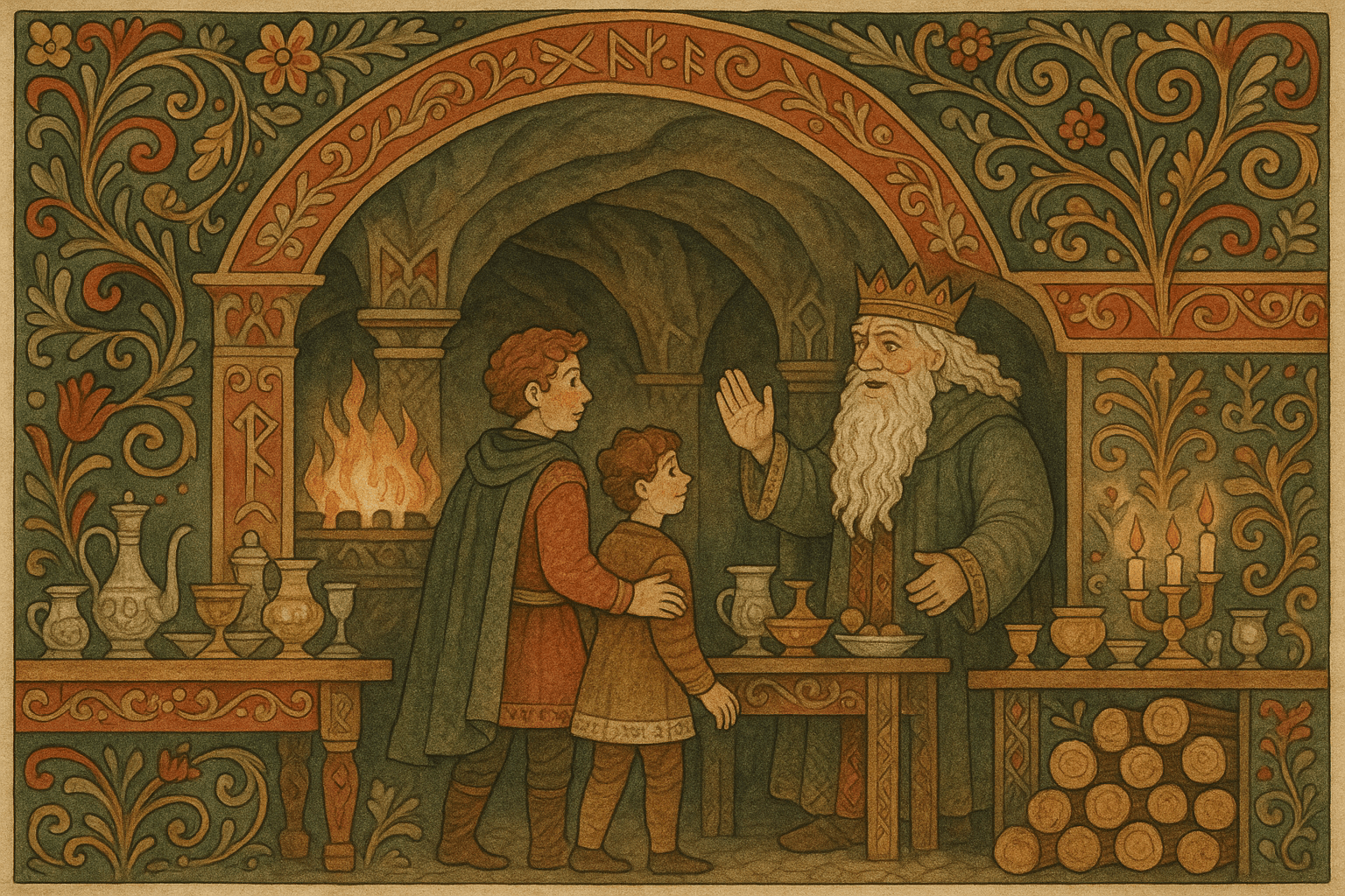 I en stor hall inne i berget ønsker en gammel konge velkommen mens ild i ovnen kaster varme over sølvfat og gull.