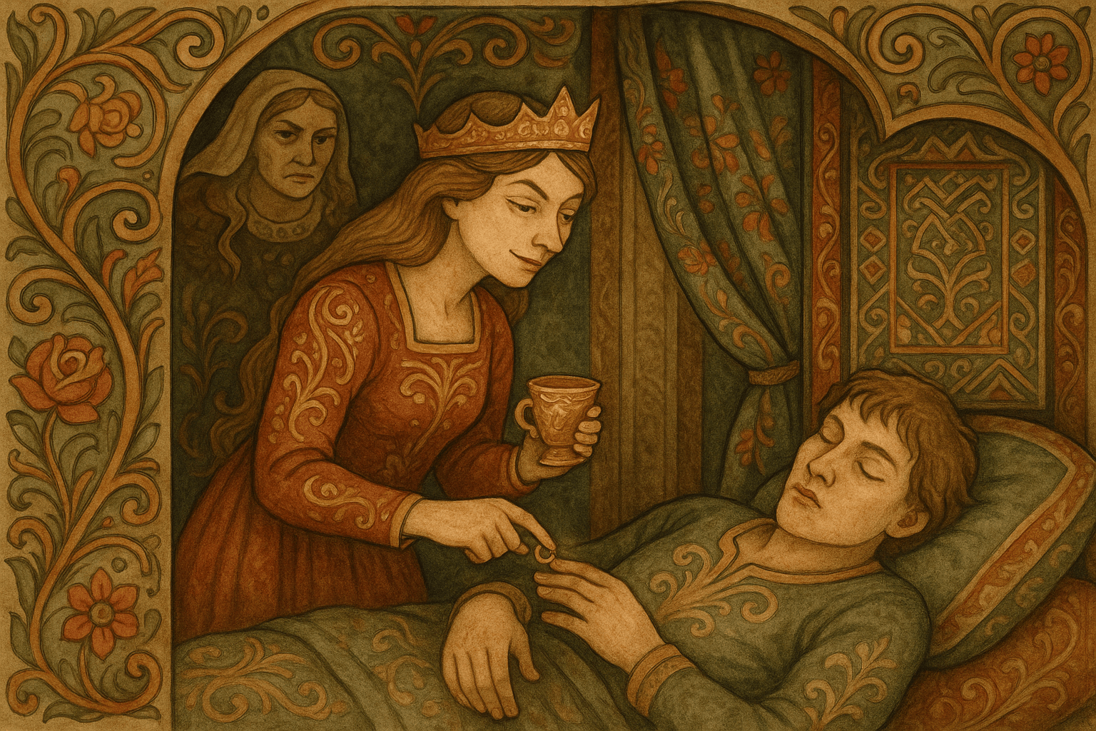 Kongsdatteren gir gutten en drikk som får ham til å sove, og sniker ringen av hans finger og på sin egen.