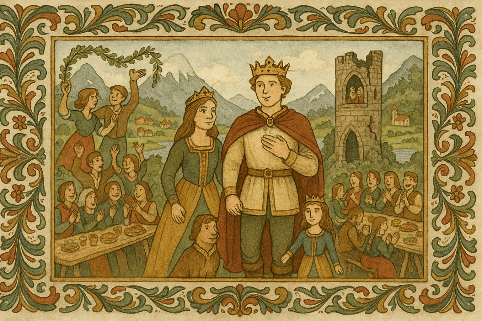 Gutten med ringen får kongekrone mens den forheksede hunden og katten er gjendannet og folket feirer bryllup ved fjorden.