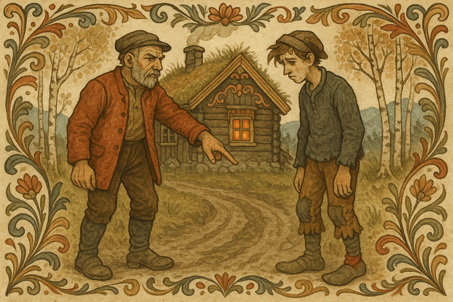 En fattig husmann peker bestemt nedover vegen mens hans late sønn står slapp utenfor en torvtakshytte i skumring.