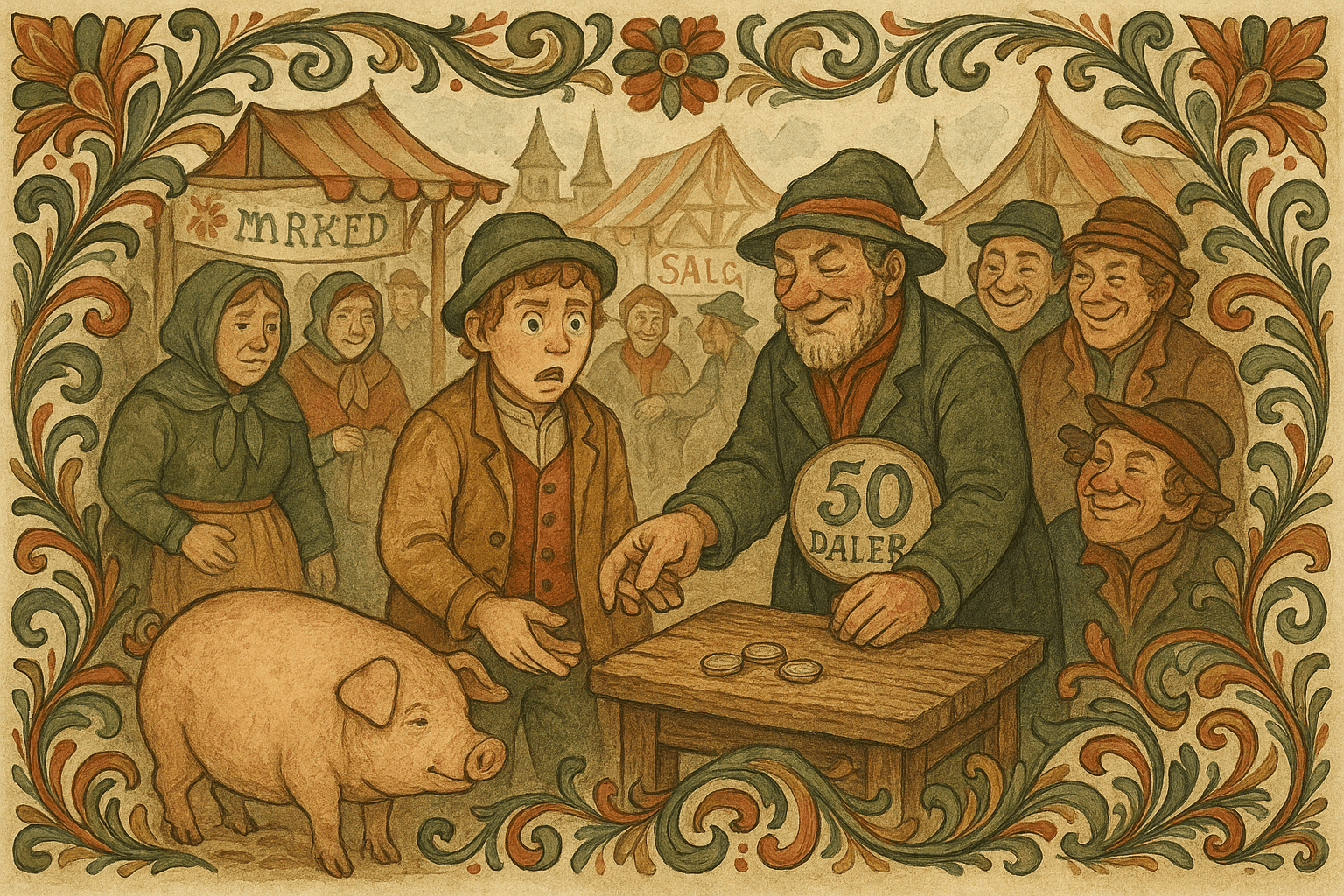 Hans står ved markedets bod mens kjøperen teller penger; han får bare fire daler etter at grisen ble solgt for femti.