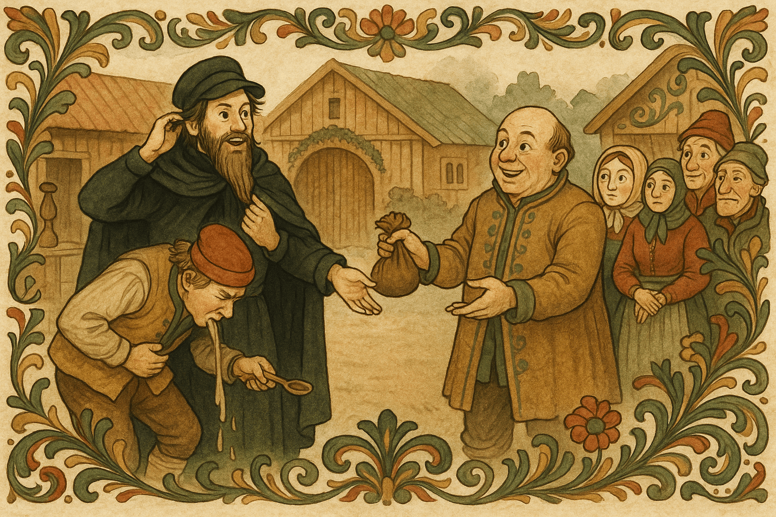 Hans i legedrakt gir brennevin og får mannen til å kaste opp, så tar han av seg skjegget og krever pengene tilbake; kjøperen overrekker en pengesekk.