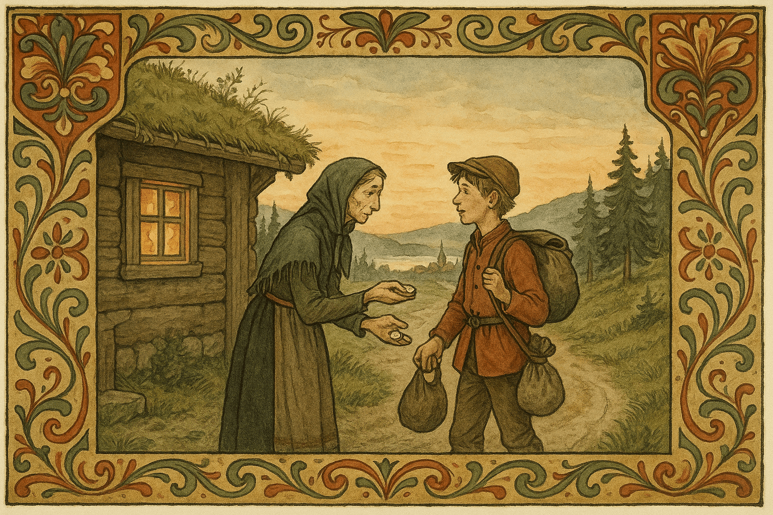 En ung Hans tar farvel med moren utenfor ei lita tømmerstue mens hun gir ham to rigsdaler og en liten sekk.