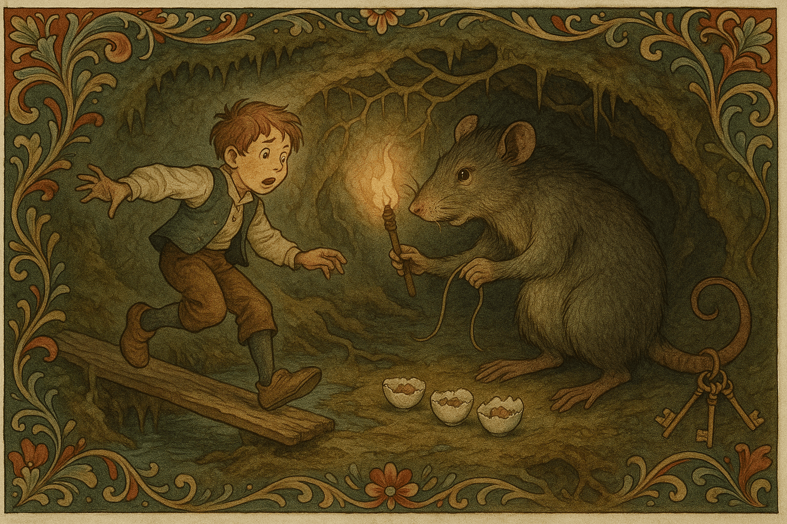 Gutten faller ned gjennom en klopp og møter en stor rotte i et mørkt hull som tilbyr tråd og mat i eggeskall.