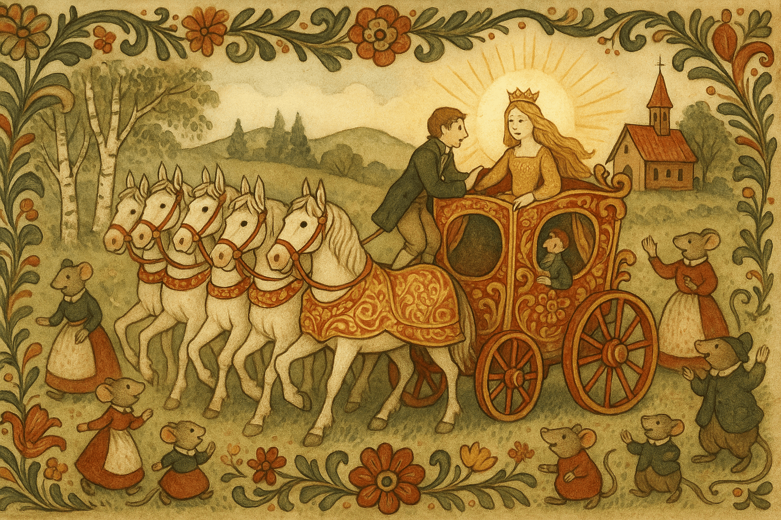 En praktfull vogn med seks hvite hester drar mot kirken; en lys prinsesse sitter i vognen omgitt av små rotter og mus, og gutten stiger om bord.