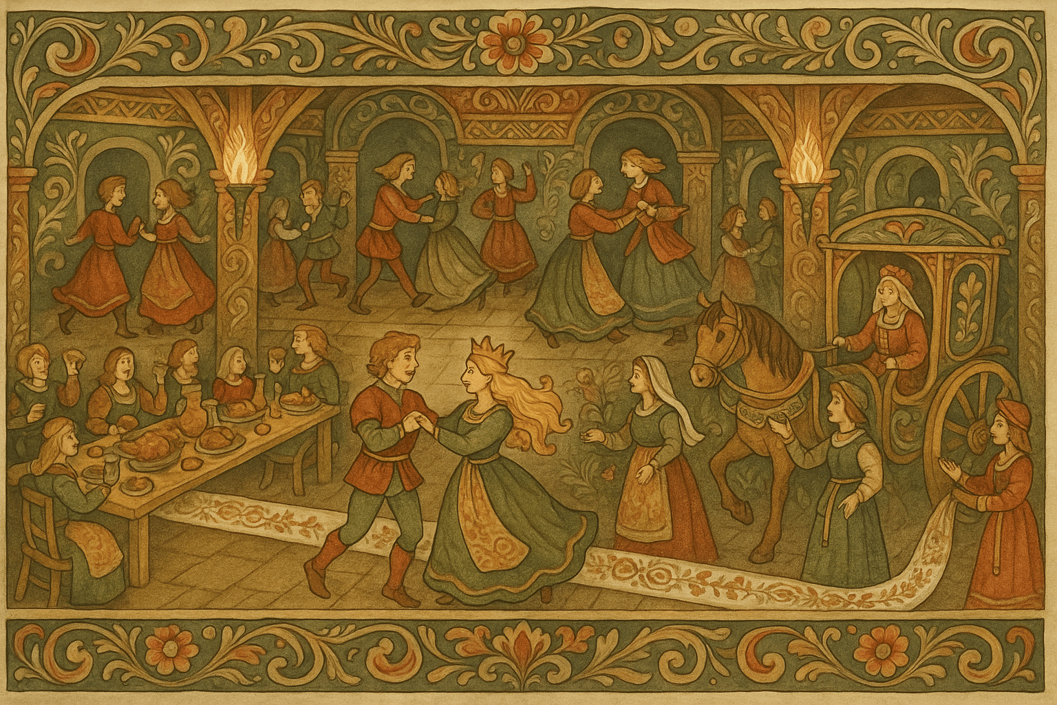 Bryllupsfest i et slott med lange bord, brudgom og prinsesse danser mens moren ankommer i en praktfull vogn.